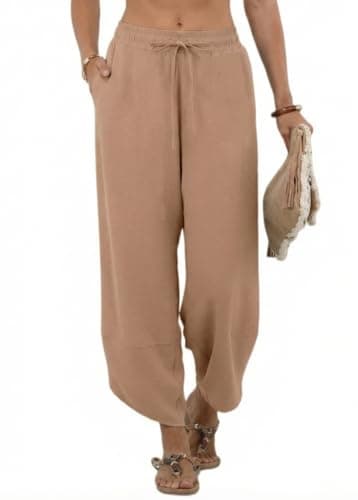 Image of PrinStory Wide Leg Trousers For Women Uk Drawstring Elastic Waist Trousers Summer Lightweight Pants Loose Pants With Pockets (Light Khaki, M)