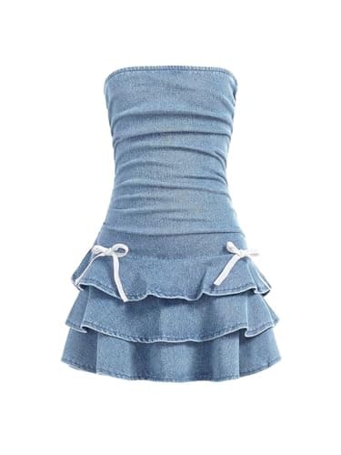 Image of GORGLITTER Girl's Summer Denim Dresses Strapless Bow Knot A Line Tiered Ruffle Jeans Mini Dress Age 8-12 Years Light Wash 9Y