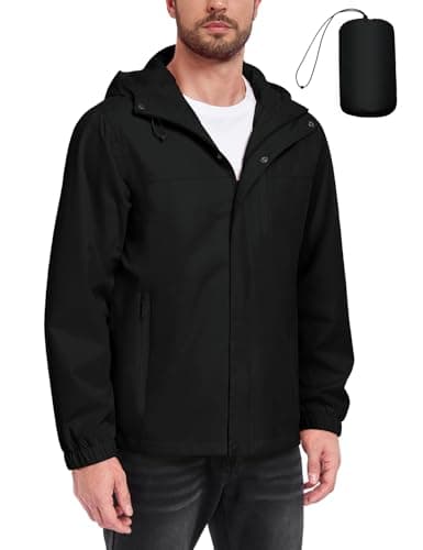 Image of Xnova Mens Waterproof Jackets Lightweight with Hood, Packable Rain Jacket Windbreaker Zipper Rain Coat for Hiking Cycling Outdoor Work, Black, L