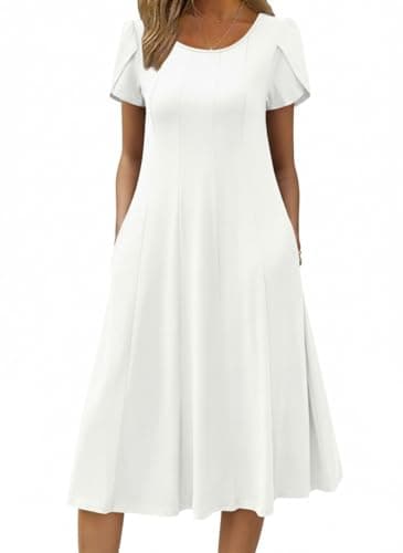Image of Zeagoo Ladies Dresses Ruffle Short Sleeve Summer Dress Elegant Midi Dress with Pockets Crew Neck Beach Dress White XL