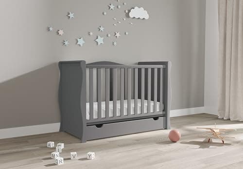 Image of Viculii Willow Baby Sleigh Mini Cot Bed with Drawer Only | 120x60cm | 3 in 1 Baby Cot Converts to Toddler Bed Junior Bed (Grey)