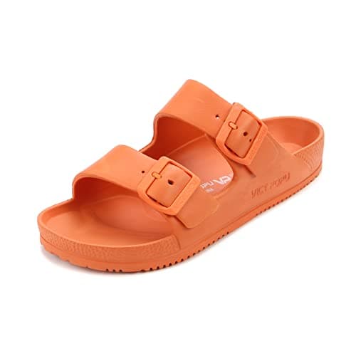 Image of VICT POPU Womens Sandals Open Toe Adjustable Double Buckle Strap Waterproof EVA Footbed Arch Support Mules Slides Orange UK 6