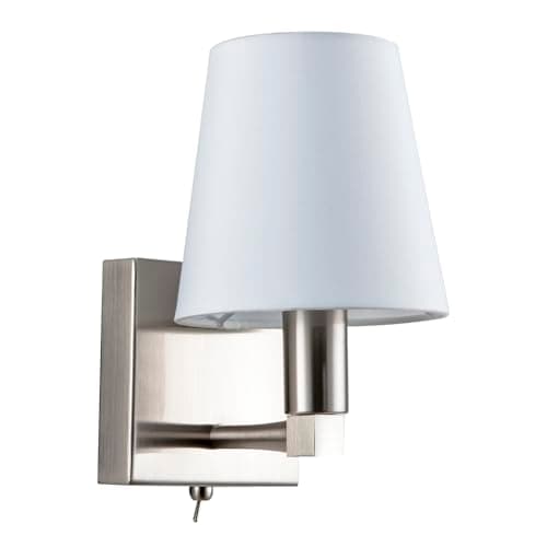 Image of Happy Homewares Sleek Bedside Wall Light Fitting in Satin Nickel with Toggle Switch and White Cotton Conical Shade | 24cm x 13cm x 16cm | 1 x 7w E14