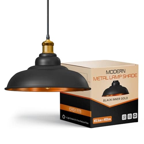 Image of Industrial Black Gold Inner Metal Lamp Shade 32cm, Pendant Ceiling Lampshade for E27 Light Fittings, Modern Vintage Style Light Shade for Living Room, Kitchen, Dining Room & Hallway