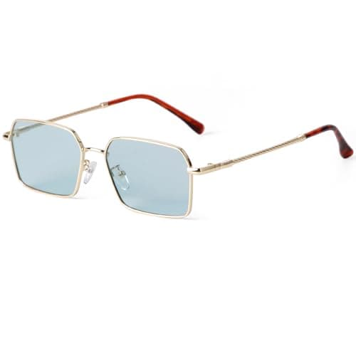 Image of Laurinny Trendy Hexagon Rectangle Sunglasses for Women Retro Gold Metal Rectangular Sun Glasses Tinted Lense Shade(Gold/Light Blue)
