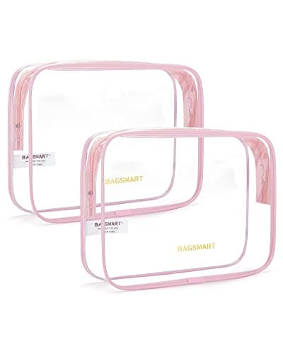 Image of BAGSMART Clear Toiletry Bag, 2 Packs Waterproof Travel Makeup Cosmetic Organiser TSA Approved Airport Security Liquids Bags,Travel Essential for Toiletries, Pink