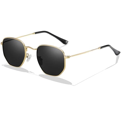 Image of LOJUDI Hexagonal Sunglasses Men Women, Polarised Polygon Sunglasses Retro Square Glasses Metal Frame UV400 Protection-Gold Frame/Grey Lens