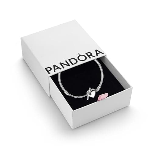 Image of PANDORA Moments Women's Sterling Silver Heart T-Bar Snake Chain Bracelet, Size 17, With Gift Box