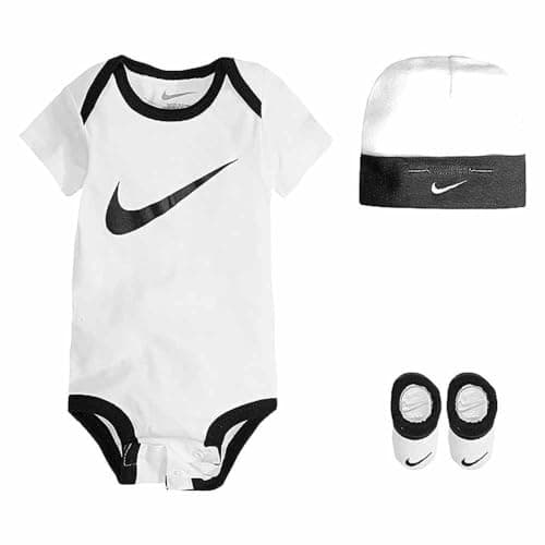 Image of NIKE Children's Apparel Baby Boys' Hat, Bodysuit and Bootie Three Piece Set Socks, White Swoosh, 0-6 Months