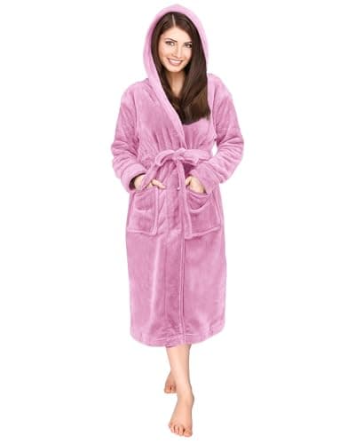 Image of NY Threads Luxury Ladies Hooded Dressing Gown Super Soft Fleece Women's Robe Comfortable Loungewear and Nightwear, Pink, X-Large