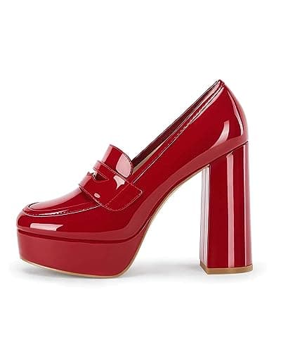 Image of Womens Platform Heels Loafers Chunky High Heel Closed Toe Patent Leather Shoes Penny Loafer Business Dress Work Pumps, Red, 9 UK