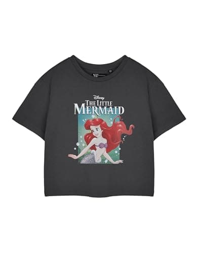Image of Disney Princess Ariel Womens Grey Cropped Short Sleeved T-Shirt | The Little Mermaid Graphic Tee with Bubbles for Adults Movie Fan Merchandise | Ladies Apparel Gift