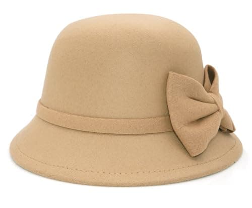 Image of Buywis Womens Felt Cloche Bowler Hat Bowknot Fedora Bucket Hat 1920s Vintage Derby Church Hats Beige