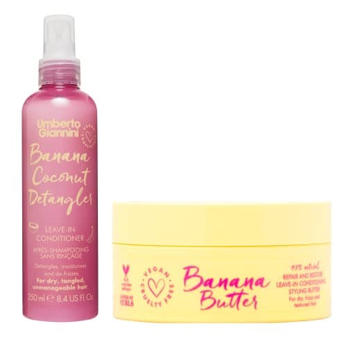 Image of Umberto Giannini Coily Banana Butter Vegan Leave-in Conditioner 200ml & Banana Coconut Detangler 250ml - Leave in Conditioning Spray & Cream Duo