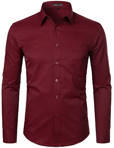 Image of PARKLEES Men's Long Sleeve Dress Shirt Solid Slim Fit Casual Business Formal Button Up Shirts with Pocket Burgundy L