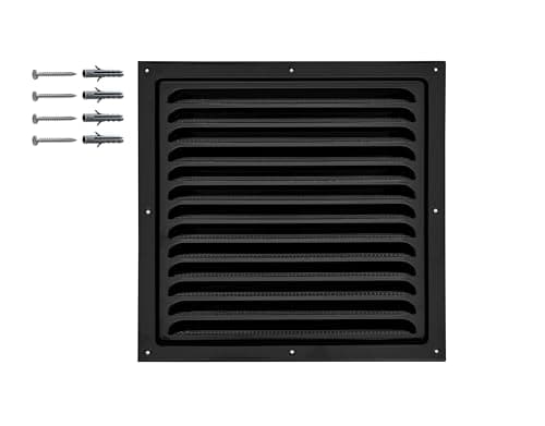 Image of DEMLOU – Square Aluminium Louvre Air Ventilation Grille 25 x 25 cm Black RAL 9005 with Mesh – Powder Coated Wall or Door Air Vent for Indoor or Outdoor Use.