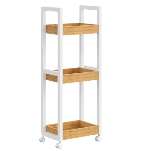 Image of SONGMICS Small Shelf Storage Unit on Wheels, Bathroom Trolley, Slim Kitchen Shelf, 3-Tier Storage Caddy, Bamboo, Space-Saving, 20 x 30 x 80 cm, White and Natural BCB083N02