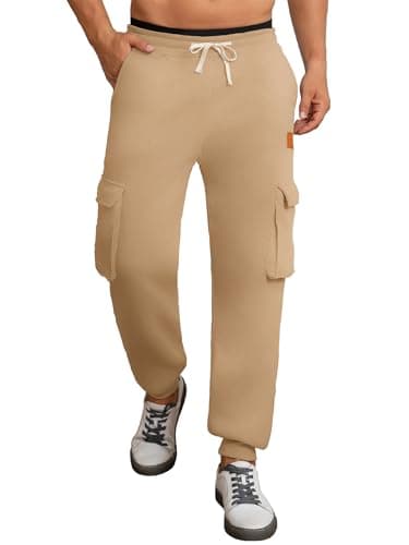 Image of Tolaler Mens Fleece Cargo Trousers Jogging Pants Sweatpants Casual Elasticated Waist Drawstring Lightweight Stretch with Multiple Pockets Joggers Bottoms for Daily Outdoor Sports Khaki M