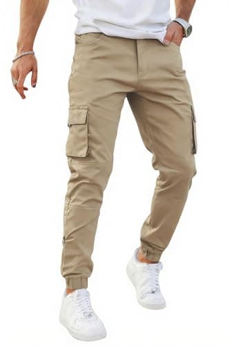 Image of GINGTTO Mens Cargo Pants Slim Fit Jogger Work Trousers Casual Stretch Joggers with Pockets for Men Quick Dry Trouser Khaki 30