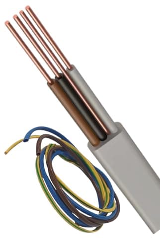 Image of Flat 3-Core and Earth grey Cable, 1.5mm Conductors, Brown/Black/Grey with 1.0mm Earth, Domestic and Commercial Wiring. Supplied with a cut of green/yellow, brown and blue sleeving.