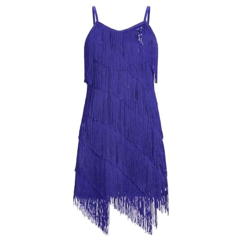 Image of EFOGEP Girls Latin Dance Dress Tassel Fringe Dress, Sparkly Sequin Flapper Style 1920s Gatsby Dance Dress for Kids Ballroom Party Performance Blue 11-12 Y
