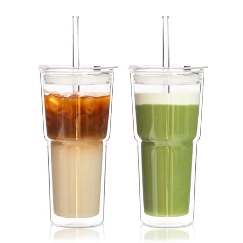Image of KEMORELA 2 Pack Double-Walled Glass Cups 600ml with Lids & Straws – Large Insulated Tea & Coffee Glasses with Straw Cleaner for Iced Coffee, Smoothies, Latte & Cold Drinks