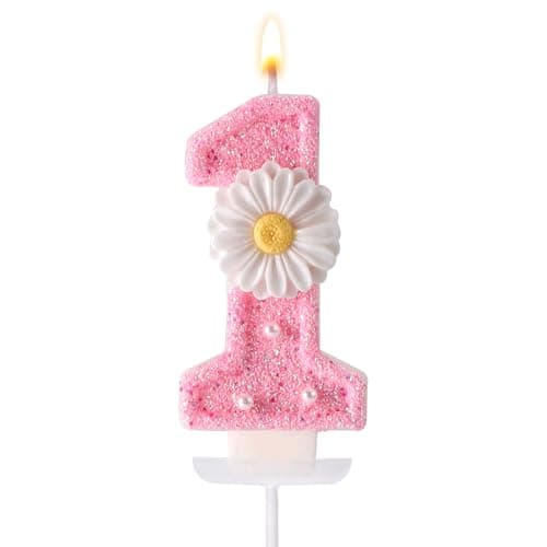 Image of Pink Number 1 Birthday Candle, 2.8in Cute Daisy Shiny 1st Happy Birthday Candle with Tray and Stick Girl One Candle for First Birthday Ideal Birthday Parities Cake Decor & Gifts