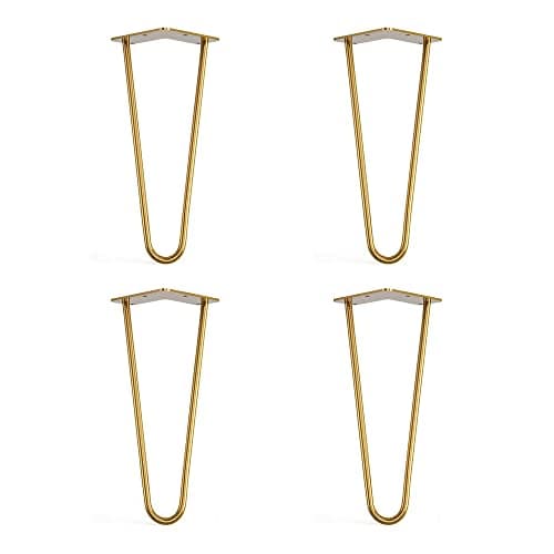 Image of 4 x Hairpin Legs with Floor Protector Feet & Screws - 30cm 2 Rod / 10mm, Gold Brass