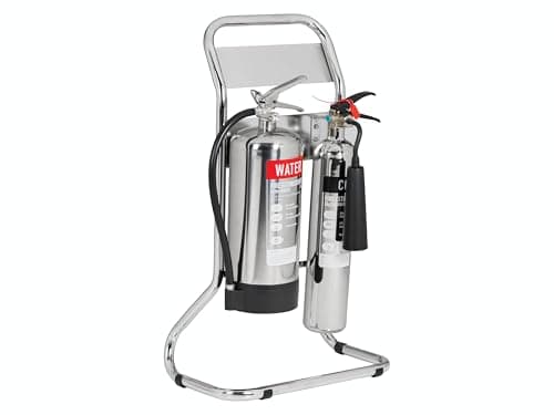 Image of The Workplace Depot Twin Fire Extinguisher Stand – Holds 2 Extinguishers (2‑9kg), Chrome or Red Powder-Coated Tubular Steel Frame, Tool-Free Assembly – Office, Warehouse & Showroom Safety (Chrome)