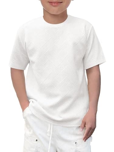 Image of Haloumoning Boys' T-Shirt Short Sleeve Crew Neck Tops Kids Summer Solid Color Geometric Pattern Top Casual Basic Tees 5-14 Years, White, 9-10 Years