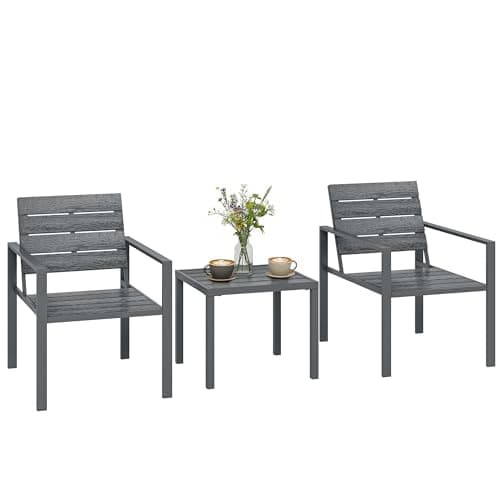 Image of Outsunny 3 Pieces Garden Bistro Set for 2, Outdoor Bistro Table and Chairs with Plastic Top and Metal Frame, Patio Furniture Set for Garden Patio Balcony, Indoor Outdoor Area, Dark Grey