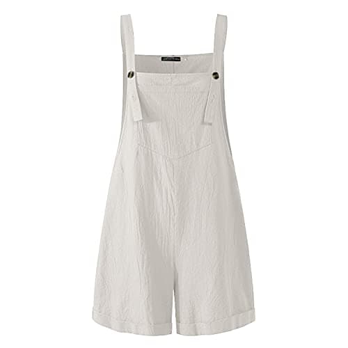Image of LAEMILIA Women Casual Short Overalls Cotton Linen Wide Leg Rompers Jumpsuit Bib Shorts One Piece White 10/Tag Size L
