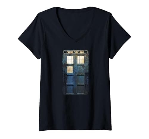 Image of Women's Cosplay Tardis Distressed Time-Traveller Sci-Fan V-Neck T-Shirt, Black, Medium