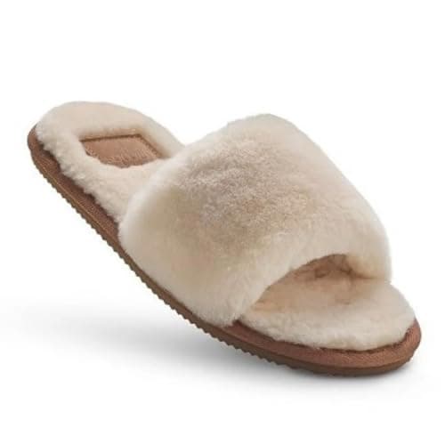 Image of Women's Open Toe Mule Sheepskin Slippers – Genuine Soft Shearling Lining for All-Season Comfort – Slip-On Design with Durable Non-Slip Sole – Stylish Indoor & Light Outdoor Footwear - Natural/UK 5