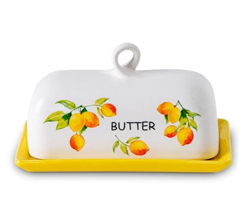 Image of Lemon Butter Dish With Lid For Countertop Yellow Ceramic Butter Dish Large Butter Holder With Cover Butter Tray Painted Butter Holder Le Creuset Butterdish
