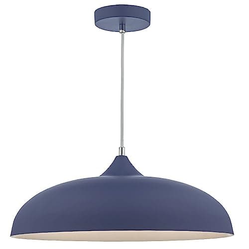 Image of Matt Blue Metal Vintage Shallow Curved Dome Pendant Ceiling Light | 45cm Diameter | Braided White Cable | Chrome Accent | 1 x ES E27 Lamp Bulb Required | 240 Volts | Bedroom - Lounge - Kitchen