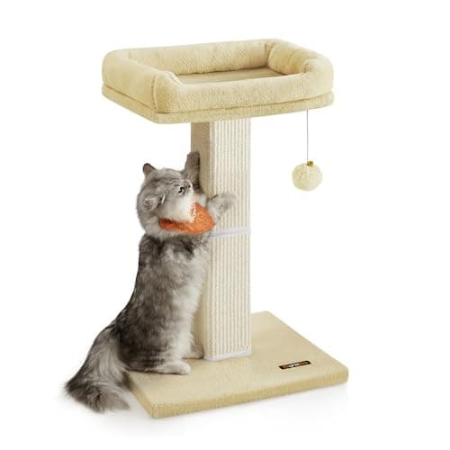 Image of Feandrea Cat Scratching Post, Cat Tree with 40 x 30 cm Plush Perch, 71 cm Tall Scratch Post, Woven Sisal, 45 x 40 cm Base, Pompom, Beige