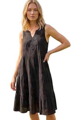 Image of Roman Originals Smock Dress for Women UK Ladies Cotton Summer Embroidered Frilled Tiered Casual Beach Cruise Holiday Cocktail Party 3/4 Sleeve Pull On Gathered Skirt - Jet Black - Size 10