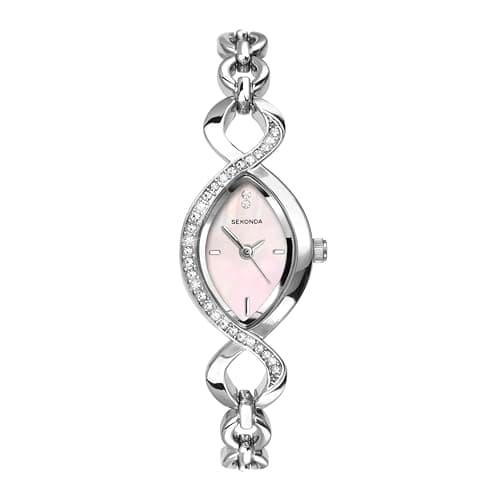 Image of Sekonda Helena 22mm Silver Womens Cocktail Watch with Pink Mother of Pearl Stone Set Dial Analogue Display and Stone Set Bracelet