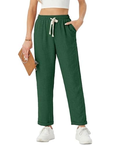 Image of PrinStory Ladies Summer Trousers Women Causal Work Trousers Lightweight Pull On Pants Soft Causal Skin-Friendly Pants Holidays Outwear Pants (Dark Green, L)