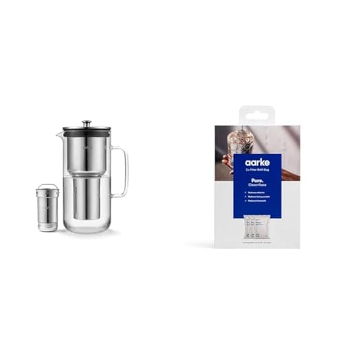 Image of Aarke Purifier, Water Filter Jug in Glass and Stainless Steel, 2.4L / 10 Cups & 3-Pack Pure Filter Refill Bags – Reducing Chlorine, Heavy Metals and Limescale