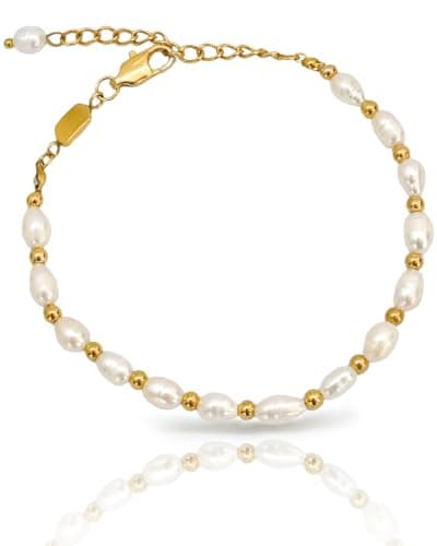 Image of Altitude Boutique Freshwater Pearl Bracelet for Women | Natural White Pearl Chain Bracelet with Gold Beads | 18K Gold or Silver Plated Stainless Steel Chain, Adjustable, Hypoallergenic, Waterproof
