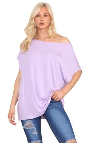 Image of janisramone® Women's Off The Shoulder Batwing Top, Bardot Baggy Style Oversized T Shirt for Women - New Plain Fashionable Ladies Tops for Casual & Party Wear Lilac