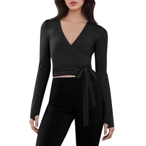 Image of Edhomenn Womens Wrap Top Long Sleeve Deep V Neck Slim Fitted Thumbhole Blouse Ladies Front Tie Cross Wrap T Shirt Yoga Ballet Pilates Workout Top (01 Black, L)