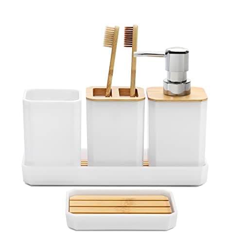 Image of FEILANDUO Bathroom Accessories Set,5 Pcs Bathroom Accessory Gift Set, Soap Dispenser, Soap Dish, Toothbrush Holder, Toothbrush Cup, Vanity Tray, Boho, Modern Bathroom Decor (White)