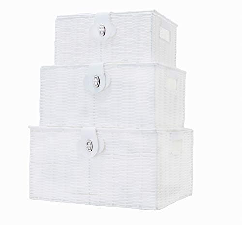 Image of Vencier Set of 3 Resin Woven Storage Basket Box with Lid & Lock, White, Large, Medium, Small (White)