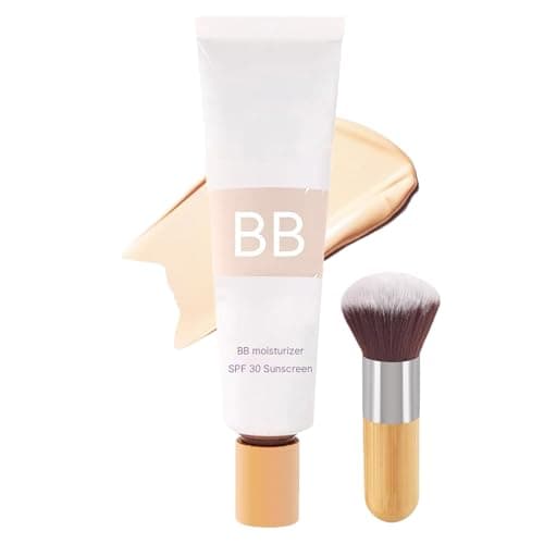 Image of BB Blur Tinted Moisturizer, SPF 30 BB Cream Tinted Moisturiser for Mature Skin, Even Skin Tone Foundation with Make up Brush, Hydrates & Smooths Skin, Full Coverage, Natural Makeup (Ivory White)