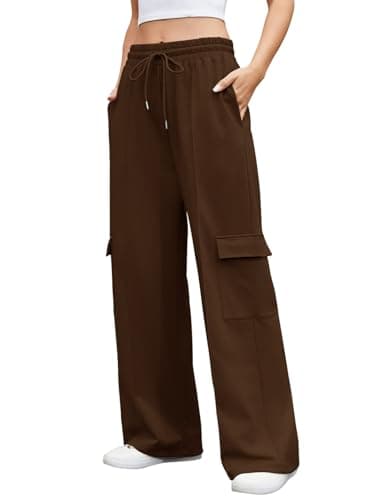 Image of Shephorion Women's Wide Leg Joggers with Pockets - High Waisted Stretchy Lounge Sweatpants for Yoga Gym Casual Wear (Brown, S)