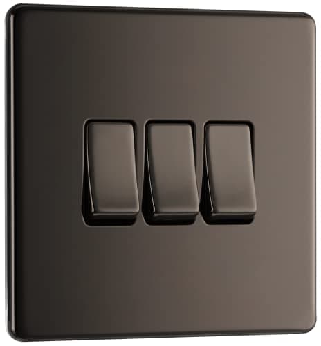 Image of BG Electrical Triple Wall Light Switch, 2 Way, Screwless Front Plate, Slim Profile, Premium Flatplate, Black Nickel, 20A, 16AX, FBN43