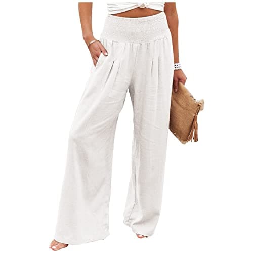 Image of Lxitoler Palazzo Trousers for Women Summer Linen Trouser Elastic High Wasited Wide Leg Pants Lounge Beach Travel Vacation Pants with Pockets